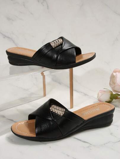 Women's Wedge Sandals, Casual Vacation Thick Sole Shoes, Shiny Rhinestone Decor, Comfortable Sandals