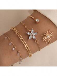 4 Pcs/Set Minimalist Alloy Rhinestone Flower Tassel Chain Sunflower Bangle Bracelet Jewelry Set, Great Gift For Date - Black - View 5