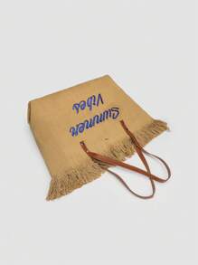 1 pieza Bolsa de lona con borlas de gran capacidad, de estilo casual y moda, bolso de hombro minimalista para ir al trabajo y de compras, adecuado para la calle, viajes y la playa