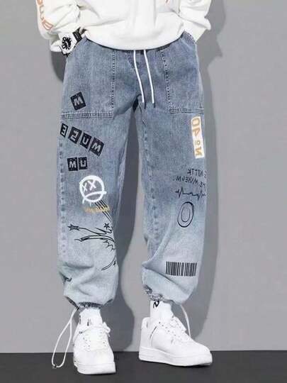 Pantalones vaquero para hombre Patrón de estrellas modelo de primavera Pantalones de alta calle hipster recta suelta arrastrando Pantalones de pierna ancha