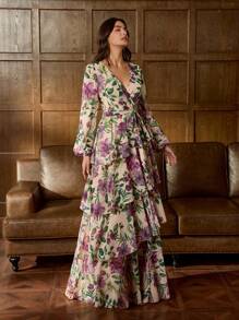 Elegant Romance Floral Chiffon Multi-Layered Evening Gown With V-Neckline & Waist Tie - Perfect For Galactic Gala Events, Black Tie Dinners, Outdoor Weddings, And Garden Parties, Formal, Party Dress, For Wedding Guest