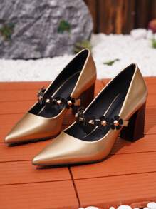 Plus Size Pointed Toe Flower Decor Buckle Sexy Women High Heel Pumps, Gold