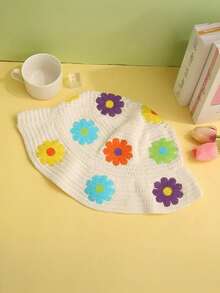 1pc Women's Cute Y2K Style Knitted Bucket Hat, Handmade Crochet Floral Pattern Hollow Decor Colorful Flower Patchwork, Sun Protection Outdoor Photography Fashion Daily Wear - Flowers - View 12