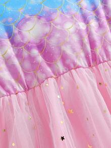 Girls Ombre Fish Scale Print Camisole Top Patchwork Moon & Star Mesh Hem Midi Dress, With Cross-Body Bag, Fashionable & Cute, Suitable For Outings, Parties, Vacations, Summer - Pink - View 7