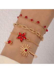 4 Pcs/Set Minimalist Alloy Rhinestone Flower Tassel Chain Sunflower Bangle Bracelet Jewelry Set, Great Gift For Date - Black - View 4