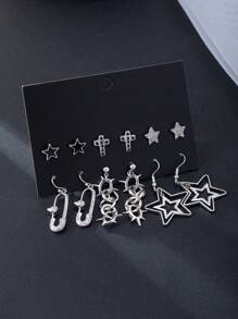 6 Pairs Gothic Star Rhinestone Cross Skull Hollow Thorn Interlocking Circle Star Brooch Set, Fashionable Creative Party Accessories