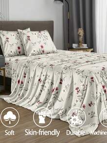 4Pcs Black White Garden Flower Pattern Sheet Set Bedding Set, 1pc Fitted Sheet & 1pc Flat Sheet& 2pcs Pillowcase Bedding Mattress Protector Set (Not Including Pillow Core)Luxury Fitted Sheet Set King Queen Full TWIN SIZE Sheet Deep Pocket Up To 11.8 Inch Pillowcase, Soft Breathable Wrinkle-Free Better For Sleep, Luxury Hotel Style, Gift For Mom Dad Friend Farmhouse Bedding Sets - Multicolor - View 4