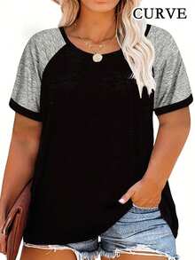 Plus Size Women's Round Neck Patchwork Short Sleeve T-Shirt Top - Black - View 1