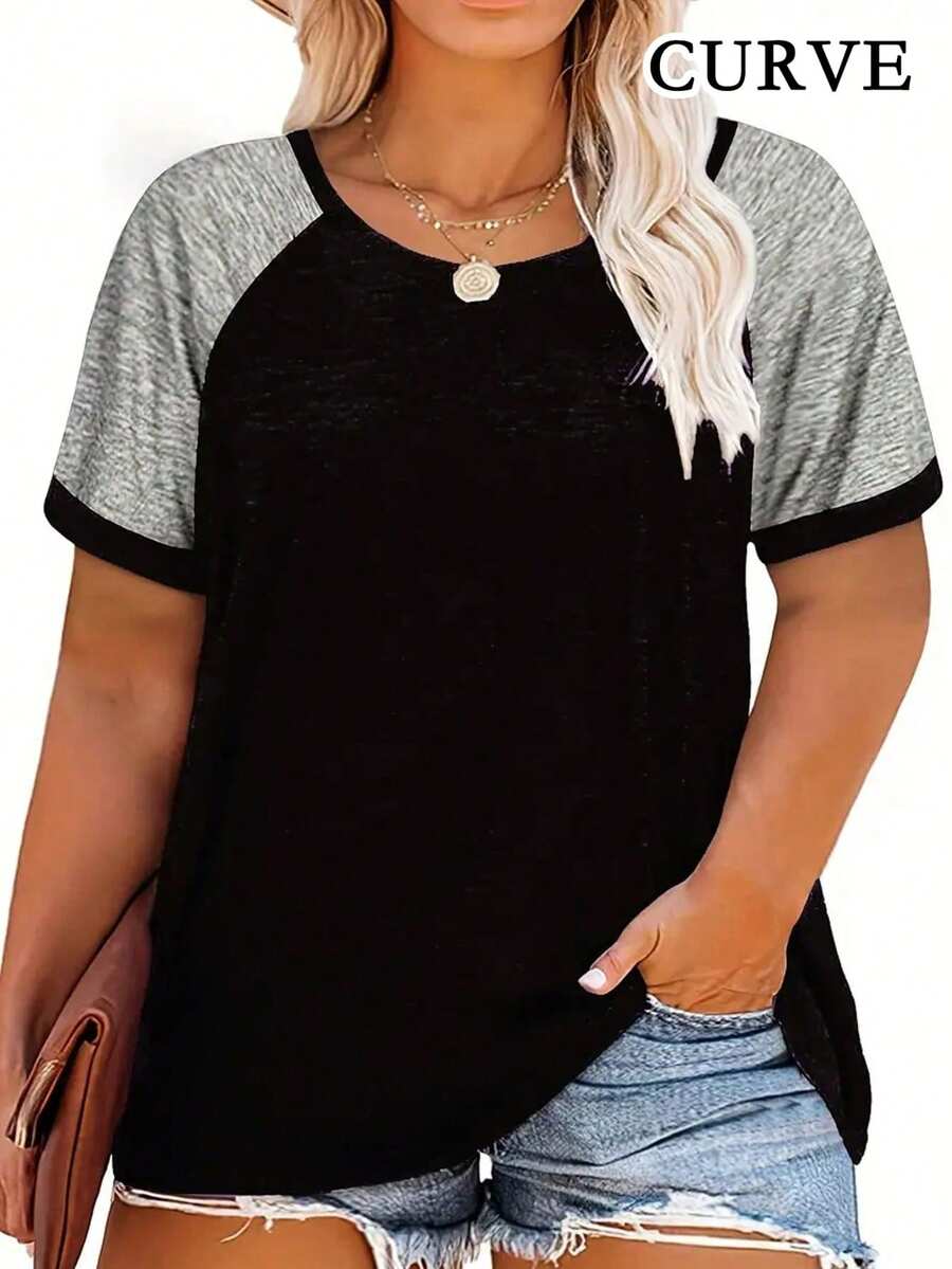 Plus Size Women's Round Neck Patchwork Short Sleeve T-Shirt Top - Black - View 1