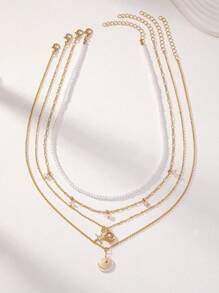4 Pcs Faux Pearl Starfish Conch Shell Decor Summer Beach Vocation Layering Necklaces Set For Women