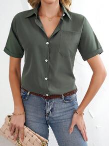 Blusa casual da donna a maniche corte, monocolore, per attività all'aperto, semplice e verde