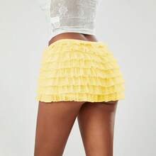 Women's Summer Ruffled Frilly Shorts Multi-Layer Mesh Short Pants Sweet Cute Bloomers - Light Yellow - View 6