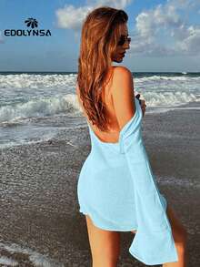 Sexy Backless Bell Sleeve Summer Seaside Women's Solid Knit Beach Mini Dress 2025 See-Through Short Dress Swimwear Cover Up - Baby Blue - View 6