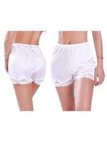 Women Lace Boxer Shorts Anti-Static Slip Silk Elastic Waistline Bloomers Underwear Panties - trắng - Xem 3
