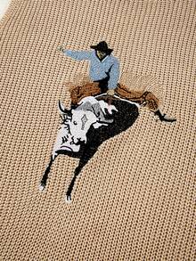 Acelitt Faux Leather Western Cowboy Embroidered Sleeveless Sweater - Khaki - View 6