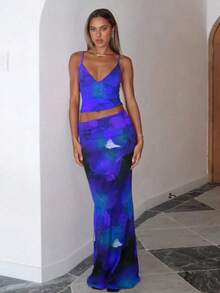 Women's Summer Maxi Skirt Set Floral Print Halter Top Long Skirt Sexy Going Out Outfits Streetwear For Women - Blue - View 2