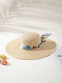 女士节日波西米亚风热带植物图案帽子 + 1 个包 - 米色 - 查看 4