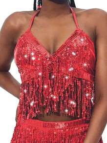 Costume da ballo del ventre con frange e paillettes, costume da cantante con schiena scoperta adatto per discoteca e bar