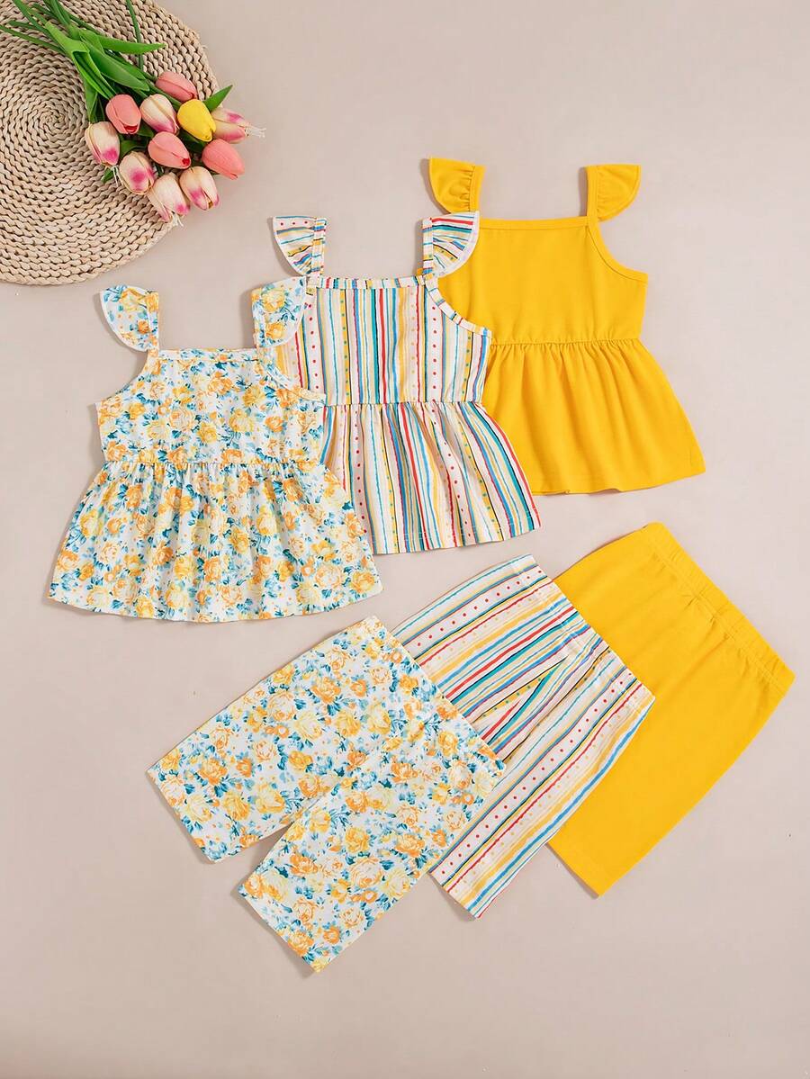 3pcs/Set Baby Girls' Floral Striped Print Sleeveless Top + Floral Striped Print Shorts Set - Yellow - View 1