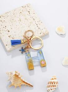 1pc A-Z English Letter Keychain, Resin Drop Glue Oceanic Elements Letter Pendant Keychain For Girls, Summer Starfish, Seashell Decor Random Color Children Bag Accessories