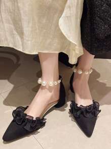 Woman's Fashionable Delicate Fairy Aesthetic Chunky Heel Pumps, New Spring/Summer Pearl Decor High Heel Shoes, French Mid-Hollow Pointed Toe Heels