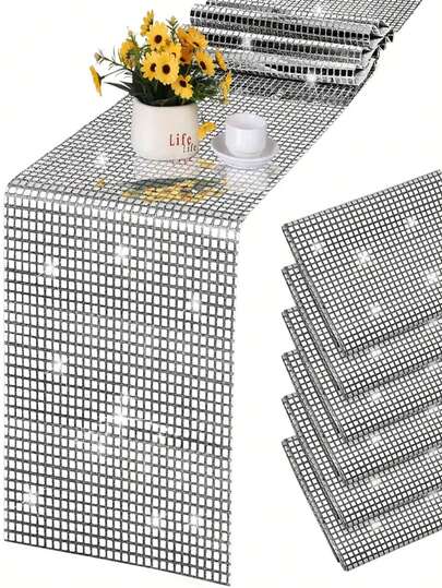 1件迪斯科派对桌旗，闪亮亮片桌布，银箔亮片桌旗，闪亮派对装饰，适用于生日派对、婚礼装饰、婚礼桌旗，长方形镜面网格设计，迪斯科球派对桌饰，户外用餐，家居装饰