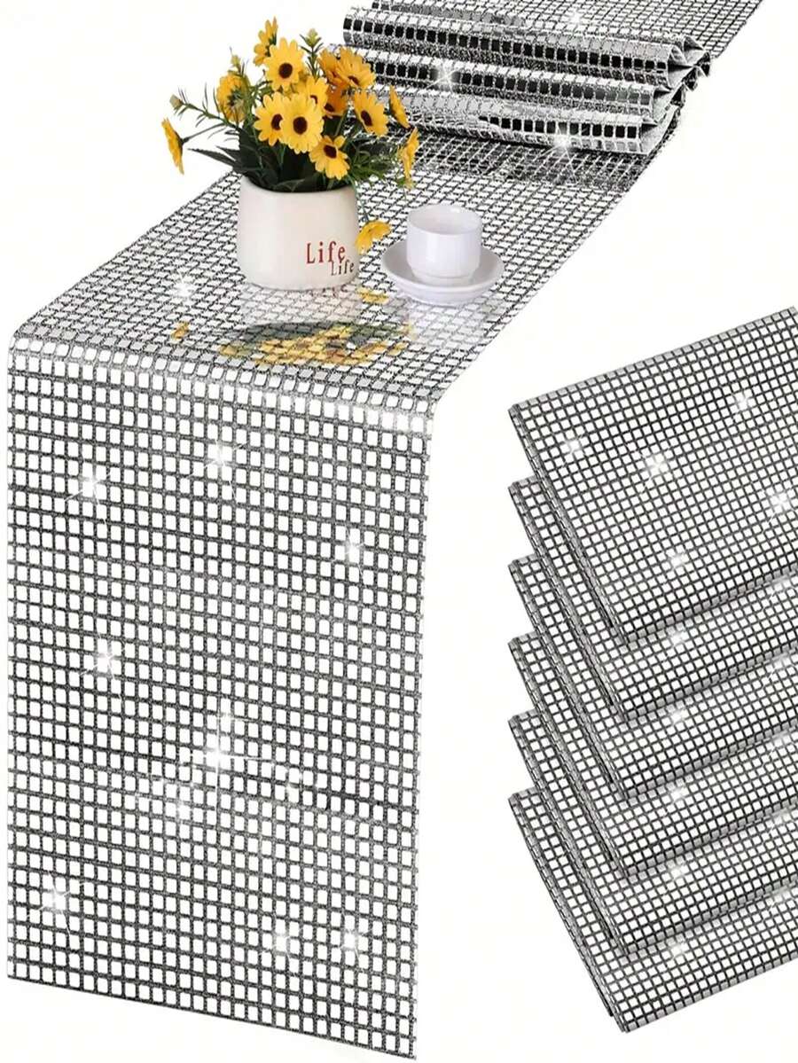 1 Pieza Camino de mesa de fiesta de discoteca, Cubierta de mesa con lentejuelas brillantes, Caminos de mesa con lentejuelas de hoja de plata, Decoración de fiesta brillante para cumpleaños, Decoración de boda, Camino de mesa de boda, Forma rectangular con diseño a cuadros con acabado espejado, Decoraciones de mesa de fiesta de bola de discoteca, Comedor al aire libre, Decoración del hogar