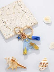 1pc A-Z English Letter Keychain, Resin Drop Glue Oceanic Elements Letter Pendant Keychain For Girls, Summer Starfish, Seashell Decor Random Color Children Bag Accessories
