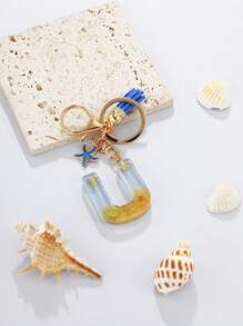 1pc A-Z English Letter Keychain, Resin Drop Glue Oceanic Elements Letter Pendant Keychain For Girls, Summer Starfish, Seashell Decor Random Color Children Bag Accessories