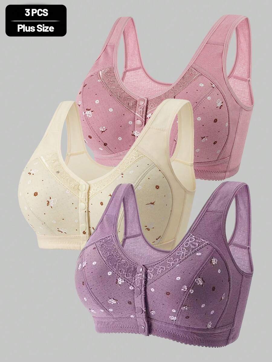 3pcs Plus Size Floral Print Bras, Soft & Elegant Front Closure Wireless Bras, Women Plus Size Lingerie