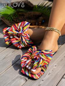 WRCVS Sandals bệt phong cách Bohemian sọc màu sắc trang trí nơ lớn, dép đi biển tiệc tùng quyến rũ cho nữ, giày mùa hè - Nhiều màu - Xem 3