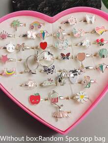 （无盒）5 件/套 时尚银/金合金戒指，女孩款，儿童珠宝礼物，可调节戒指，随机发货。 - 彩色 - 查看 7