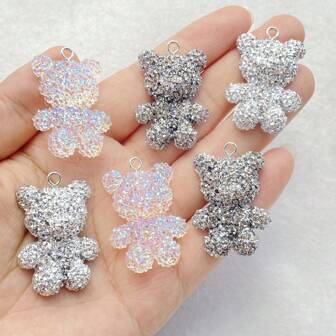 6pcs Glitter Resin Bear Pendant Charms For DIY Jewelry, Necklace, Earrings, Keychain, Craft Accessories - Mixed Colors, Cartoon Animal Theme