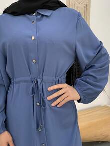 Women's Fashion Lapel Solid Color Long Sleeve Dress, Loose Long Dress - Blue - View 5
