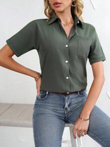 Blusa casual da donna a maniche corte, monocolore, per attività all'aperto, semplice e verde