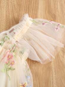 1pc Girls Cute & Elegant Princess Butterfly Decor Cap Sleeve Floral Embroidery Tulle Tutu Party Dress, Beach Holiday Sundress For Spring, Summer, Autumn - Champagne - View 6