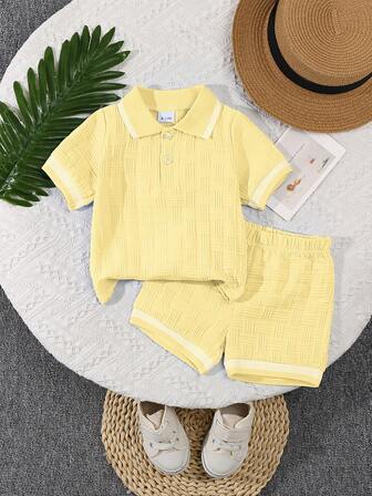 Bhchntiy 2pcs/Set Infant Boys' Summer Polo Shirt With Jacquard Pattern And Solid Color Shorts Casual Fashion Outfit
