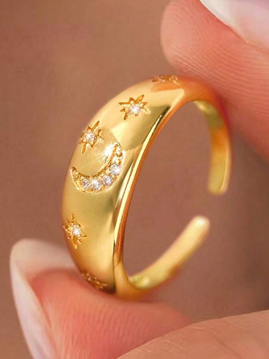 1 pieza Anillo abierto con forma de estrella y luna, de plata de ley 925, delicado y elegante, adecuado para uso diario y como regalo de cumpleaños - Anillo abierto de estrella y luna - Ver 1