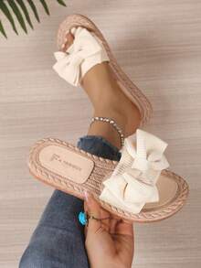 Damen Schleifen Sommer Strand Sandalen, weiche Sohle modische vielseitige rutschfeste Zehentrenner - Beige - Übersicht 1