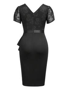 MIUSOL Keyhole Neckline Floral Lace Puff Sleeve Ruffle Trim Cocktail Party Bodycon Dress - màu đen - Xem 8