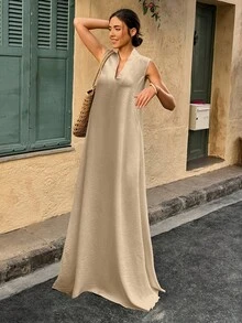 Women V-Neck Linen-Like A-Line Sleeveless Casual Dress - Khaki - View 3