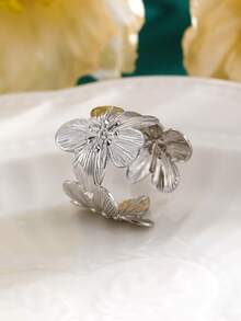 1 件女士纹理花朵设计可调节开口戒指，时尚，适合派对和日常佩戴 - 銀色 - 查看 10