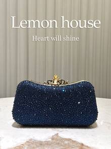 1 pieza de bolso de noche elegante de lujo con pedrería y brillo azul marino, bolso de mano de moda con cierre de pedrería, adecuado para banquetes, fiestas, bodas, galas, regalo ideal para - Azul Marino - Ver 3