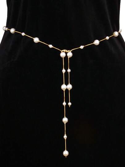Elegant 1pc Women's Gold Tone Fashionable Simple Pearl Waist Chain, Sexy Body Jewelry With Single Layer Metal Chain For Dress Summer, School