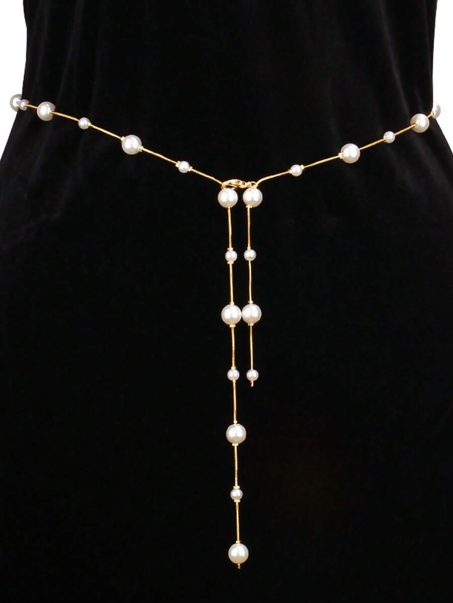 1pc Women's Fashionable Simple Silver Pearl Waist Chain, Sexy Accessory For Dresses, Single Layer Metal Body Chain Summer, School Fall, Autumn, Halloween