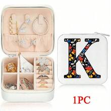 صندوق مجوهرات من الجلد الصناعي مزخرف بزهور مع 26 حرفًا، مناسب كهدية، مزود بأجزاء قابلة للإزالة وحجم محمول