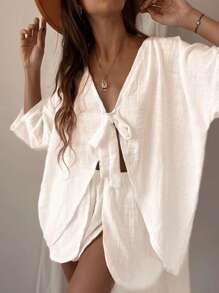 1Set Solid Color Casual Knotted 2 Pieces Women Outfit, Beachwear & Homewear, Spring/Summer