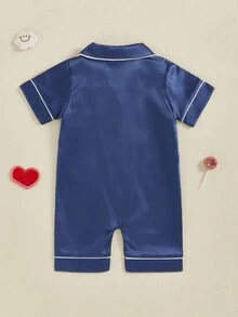 Infant Baby Girl Boy Silk Jumpsuit Pajamas Short Sleeve Button-Up Satin Pjs Footie Romper Pajama Nightgown - 藍色 - 查看 7