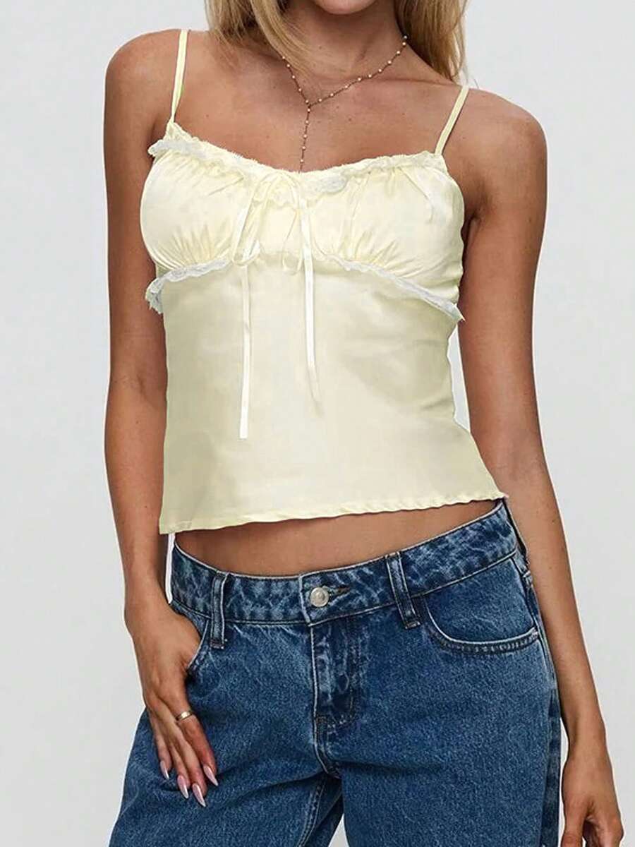 Women's Y2K Satin Cami Tops Summer Sleeveless Open Back Low Cut Slim Fit Camisole Fairycore Lace Trim Tank Tops - 黃色 - 查看 1