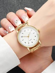 2pcs/Set Women Fashion Casual Minimalist Digital Scale Dial Quartz Wrist Watch Combination (Watch Case Not Included) - Gold - View 3